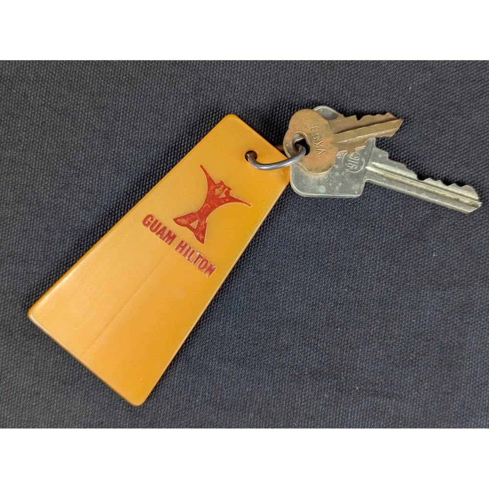 Vintage Guam Hilton Hotel Room Key Fob 739 Orange Plastic Collectible with Keys